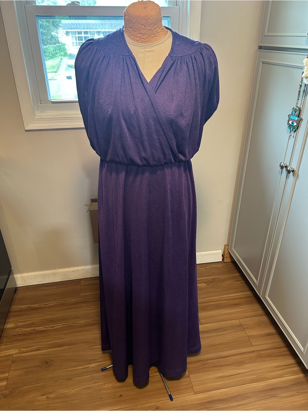 Vintage 1960s Purple V-Neck Maxi Dress Elastic Waist Size Large